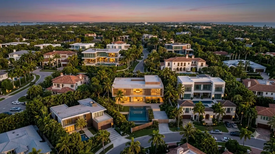 Key frame 2: the finished villa from the air at dusk